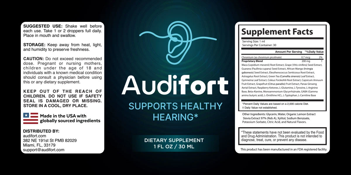 AudiFort label showing supplement facts, suggested use, and warnings
